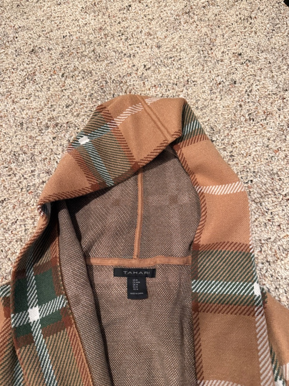 Tahari Plaid Wrap Coat in Tan and Green - Picture 2 of 4